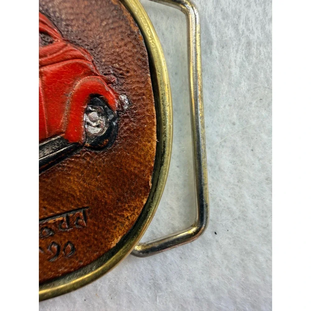 Vintage 1990 Todd Handcrafted Leather 1937 Car Solid Brass Belt Buckle Red Car